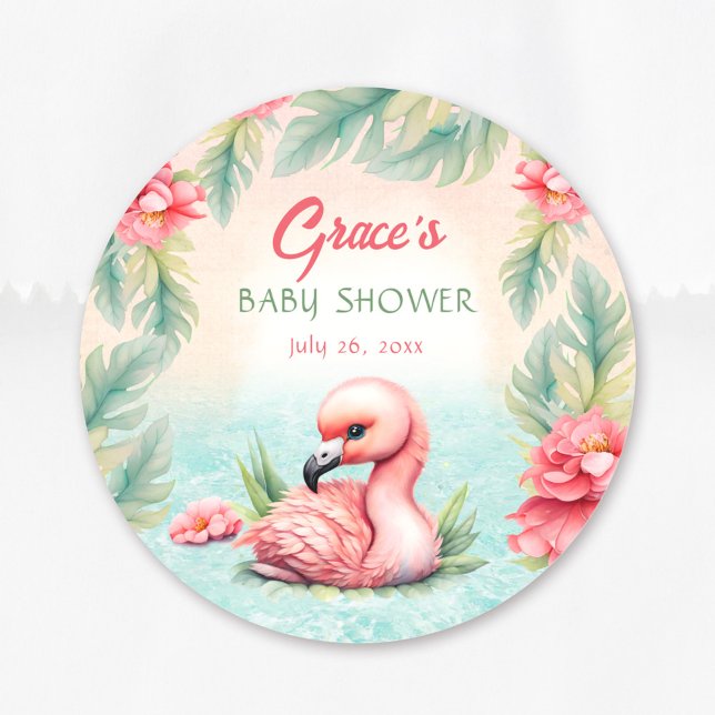 Tropical Summer Pink Flamingo Girl Baby Shower Classic Round Sticker (Tropical Summer Pink Flamingo Girl Baby Shower Classic Round Sticker)