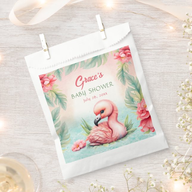 Tropical Summer Pink Flamingo Girl Baby Shower Favour Bags (Clipped)