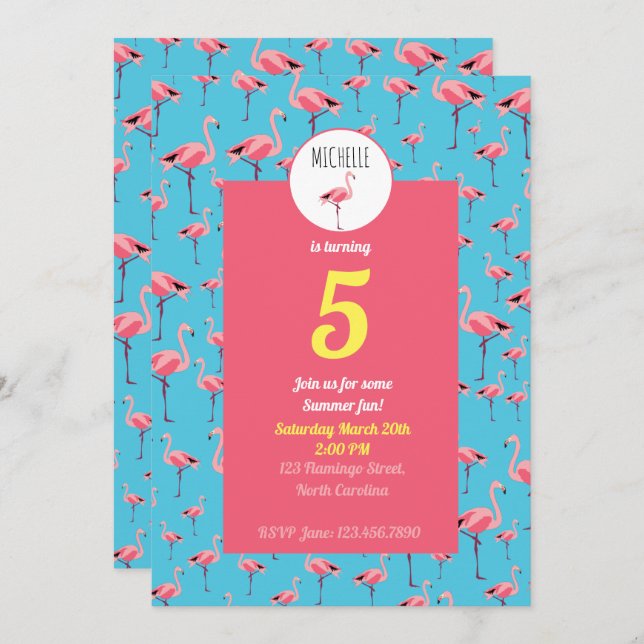 Tropical Summer Pink Flamingo Pattern Birthday Invitation (Front/Back)