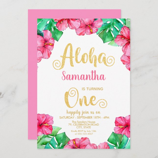 Tropical Summer Pink Hibiscus 1st Birthday   Invitation (Front/Back)