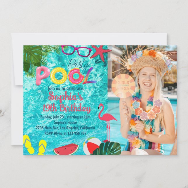 Tropical Summer Pool Party Birthday Custom Picture Invitation (Front)
