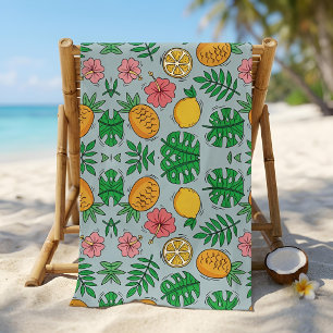 Tropical Summer Retro Blue Citrus Lemon Pineapple Beach Towel