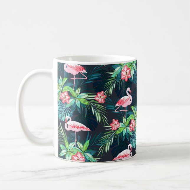Tropical summer seamless pattern with flamingo bir coffee mug (Left)