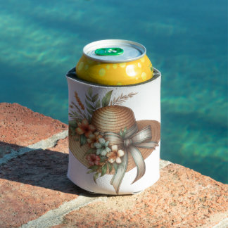 TROPICAL SUMMER STRAW HAT WITH HIBISCUS FLOWERS CAN COOLER