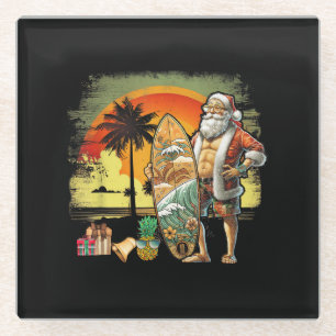 Tropical Summer Surfing Santa Claus 6 Pack Christm Glass Coaster