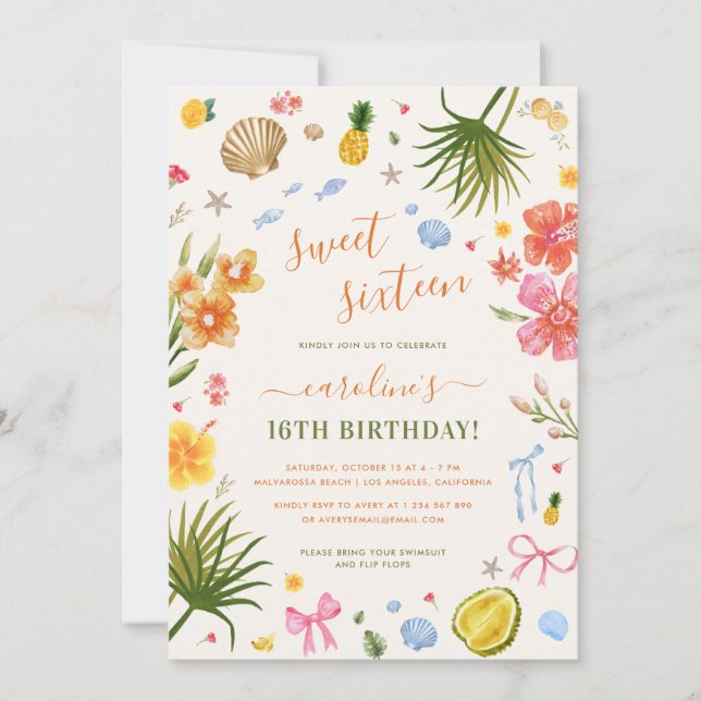 Tropical Summer Sweet Sixteen 16th Birthday Party Invitation (Front)
