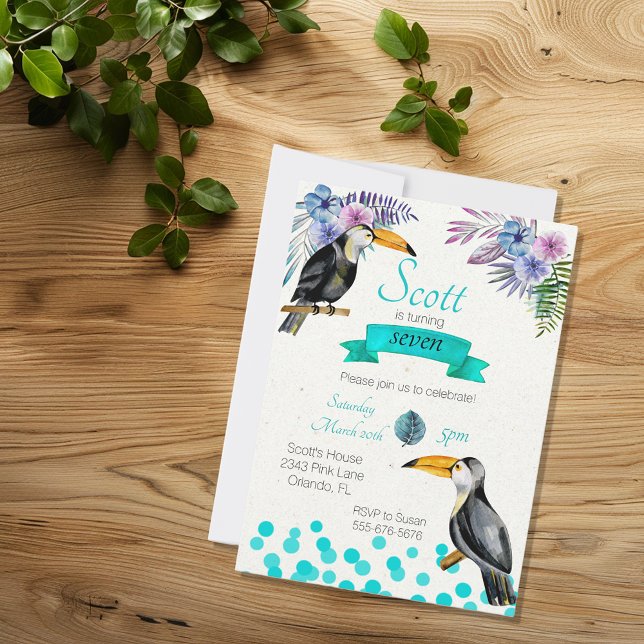 Tropical Summer Toucan Blue Birthday Party Invitation (Creator Uploaded)