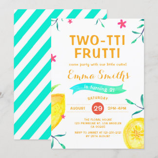 Tropical Summer Two-tti Frutti Aloha 2nd Birthday Invitation