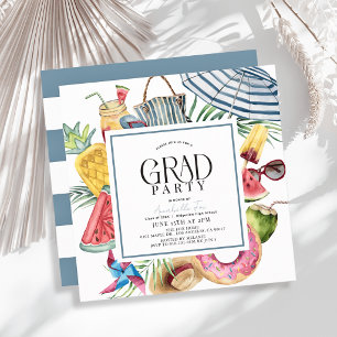 Tropical Summer Umbrella Doughnut Blue Graduation Invitation