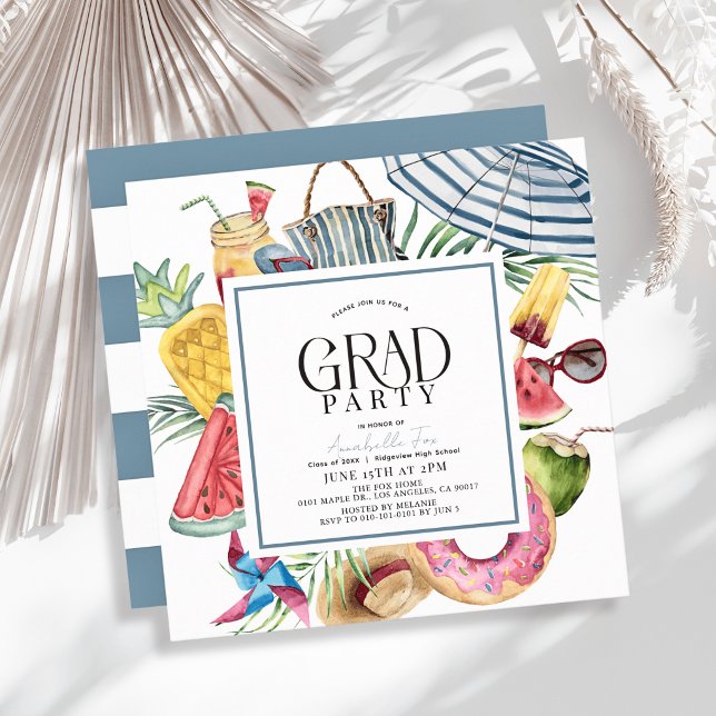 Tropical Summer Umbrella Doughnut Blue Graduation Invitation (Creator Uploaded)
