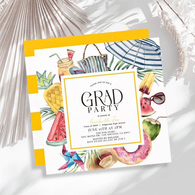 Tropical Summer Umbrella Doughnut Yellow Graduatio Invitation (Creator Uploaded)