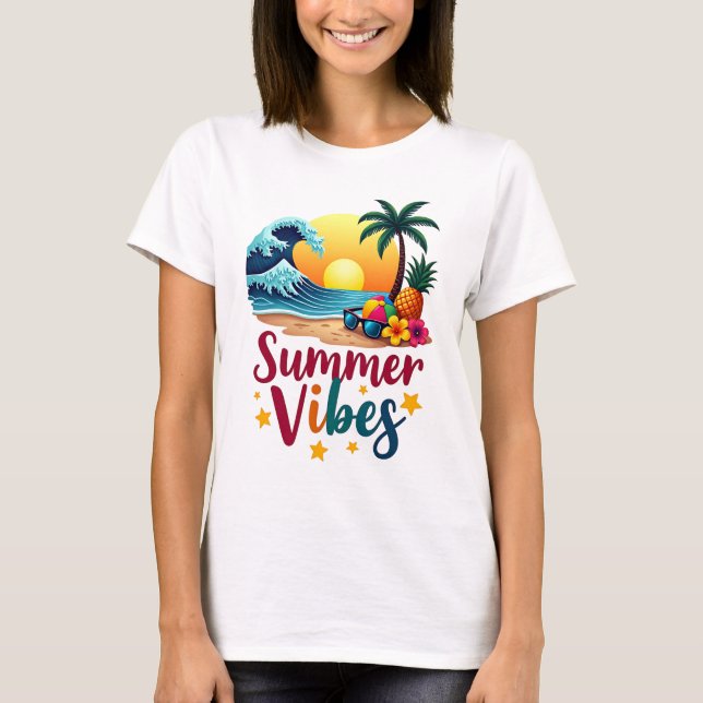 Tropical Summer Vibes – Beach Sunset, Palm Tree &  T-Shirt (Front)