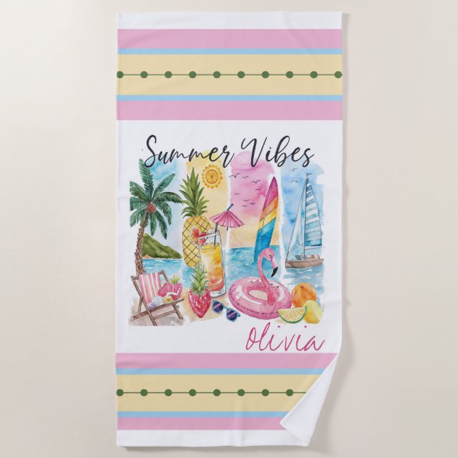 Tropical Summer Vibes – Personalised Just for You Beach Towel (Front)
