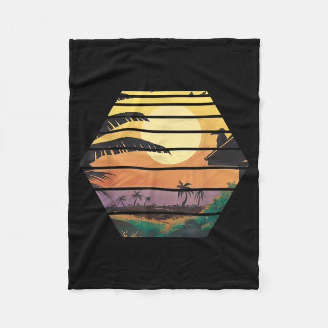 Tropical Summer Vibes Sunset Palm Trees Retro Fleece Blanket (Front)