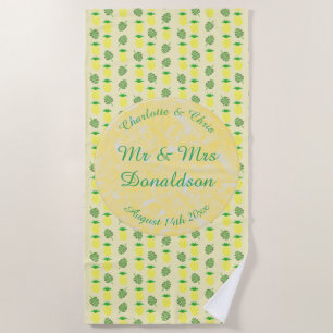Tropical Summer Wedding Pineapple and Palm Leaves Beach Towel