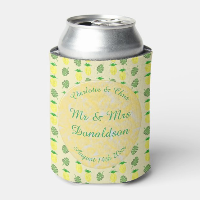 Tropical Summer Wedding Pineapple and Palm Leaves Can Cooler (Can Front)