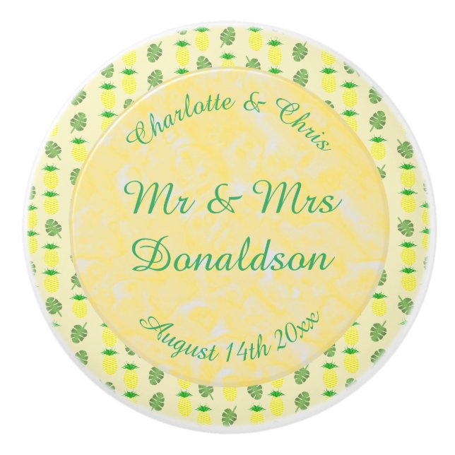 Tropical Summer Wedding Pineapple and Palm Leaves Ceramic Knob (Front)