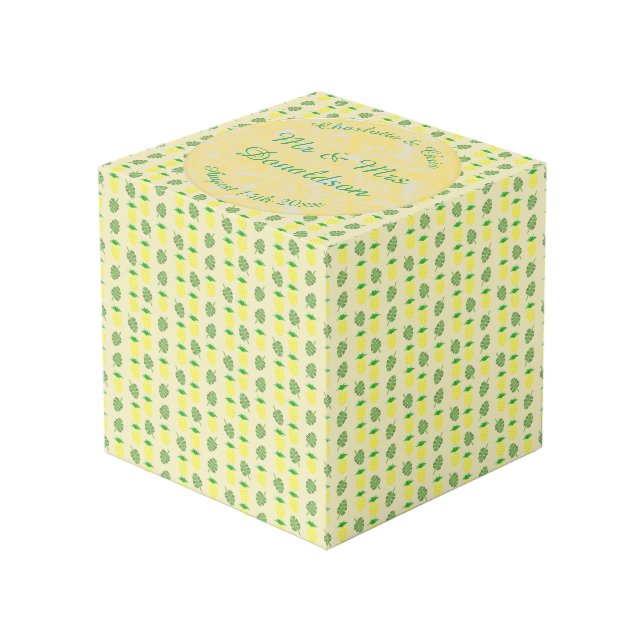 Tropical Summer Wedding Pineapple and Palm Leaves Cube (Front Angled)