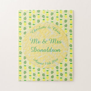Tropical Summer Wedding Pineapple and Palm Leaves Jigsaw Puzzle