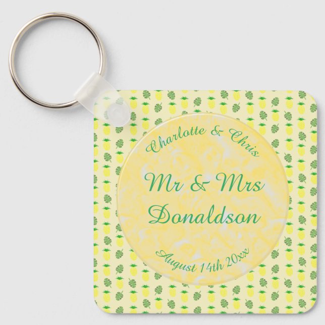 Tropical Summer Wedding Pineapple and Palm Leaves Key Ring (Front)