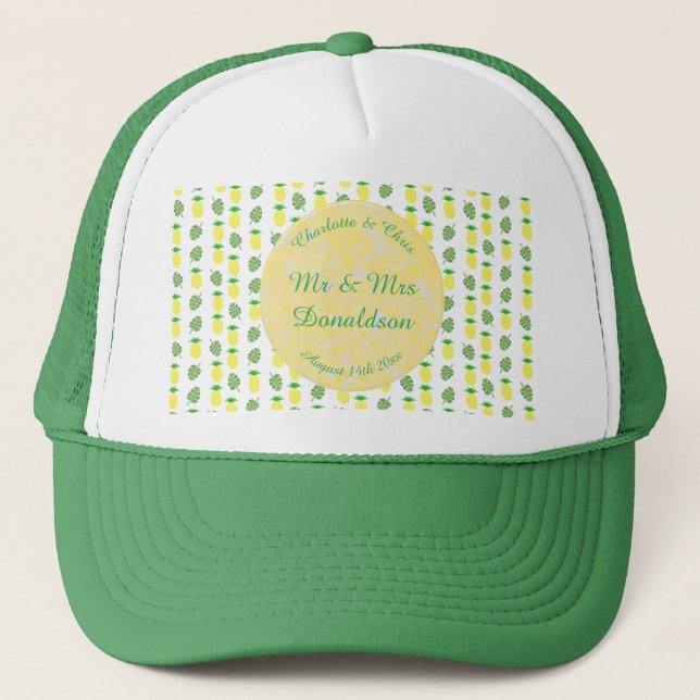 Tropical Summer Wedding Pineapple and Palm Leaves Trucker Hat (Front)
