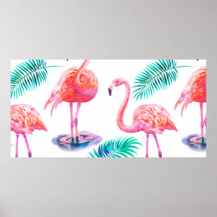 Tropical summer with flamingos palm leaves and exo poster