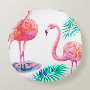 Tropical summer with flamingos palm leaves and exo round cushion