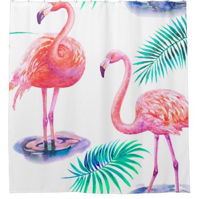 Tropical summer with flamingos palm leaves and exo shower curtain (Front)