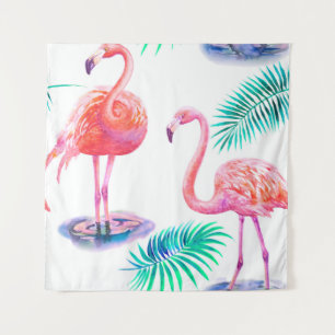 Tropical summer with flamingos palm leaves and exo tapestry