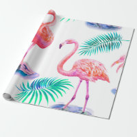 Tropical summer with flamingos palm leaves and exo