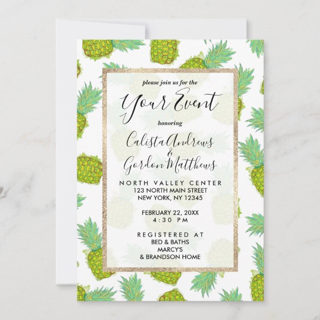 Tropical Summer Yellow Green Pineapples Fruit Invitation (Front)