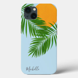 Tropical Sun Palm Leaves Blue Sky Minimalist Name iPhone 13 Case