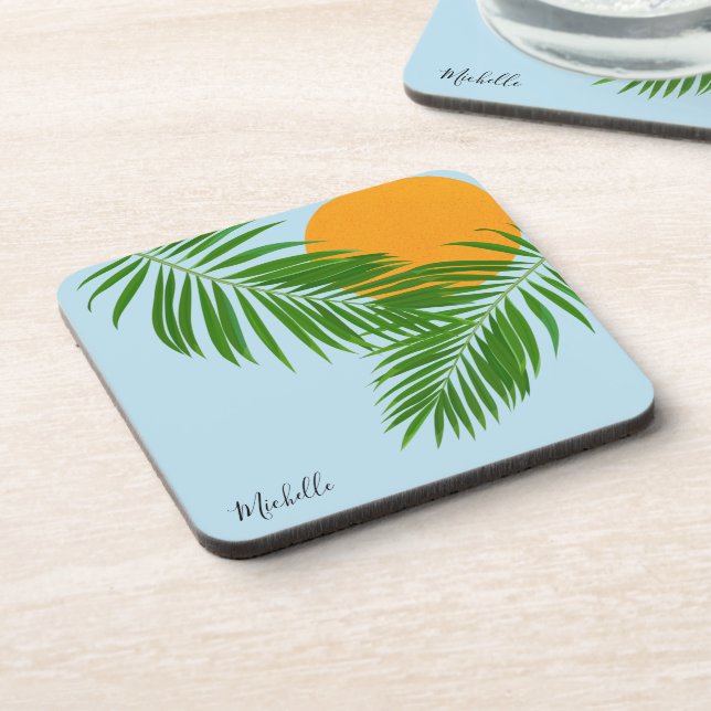 Tropical Sun Palm Leaves Blue Sky Minimalist Name Coaster (Left Side)