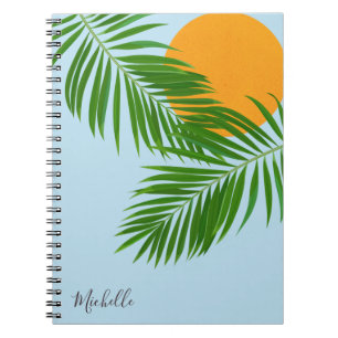 Tropical Sun Palm Leaves Blue Sky Minimalist Name Notebook