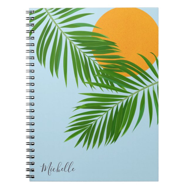Tropical Sun Palm Leaves Blue Sky Minimalist Name Notebook (Front)
