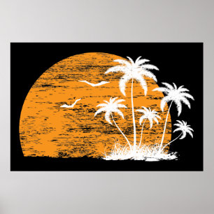 Tropical sun, palm trees and birds poster print