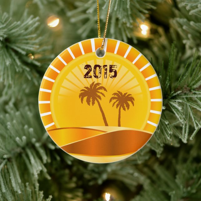 Tropical Sunburst, Palm Trees Beach Personalised Ceramic Tree Decoration (Tree)