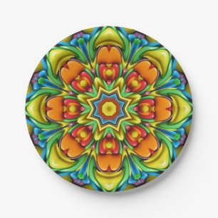 Tropical Sunburst Vintage Fractal Kaleidoscope Paper Plate