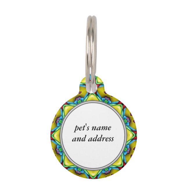 Tropical Sunburst Vintage Fractal Kaleidoscope Pet Tag (Back)