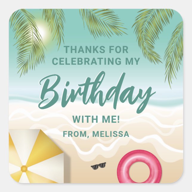 Tropical Sunny Teal Beach Sand Birthday Thank You Square Sticker (Front)