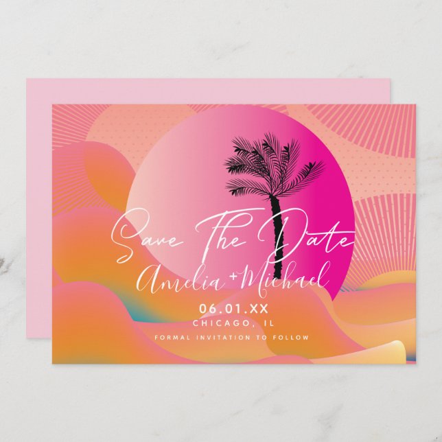 Tropical Sunrise Bold Pink Orange Save the Date Invitation (Front/Back)