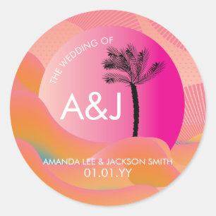 Tropical Sunrise Bold Pink Orange White Wedding  Classic Round Sticker