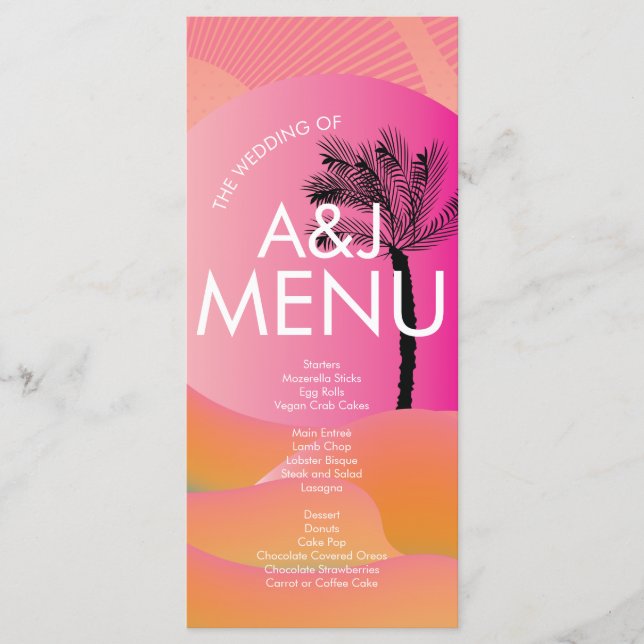 Tropical Sunrise Bold Pink Orange White Wedding Menu (Front)