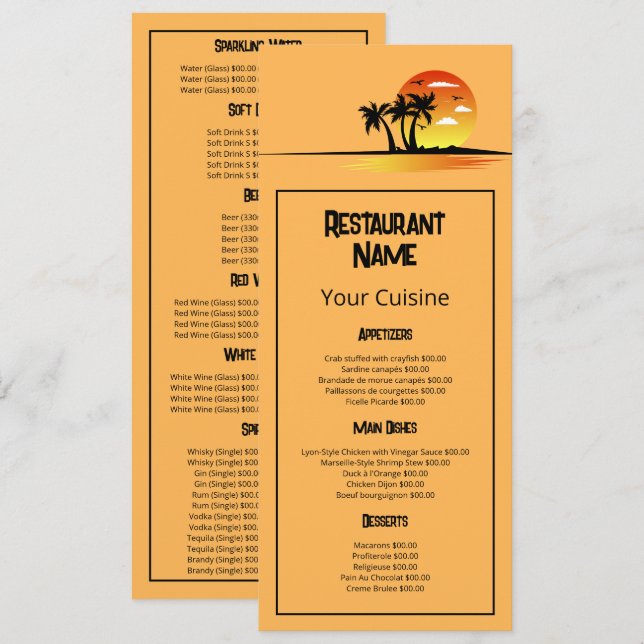 Tropical Sunrise, Restaurant Slimline Menu (Front/Back)