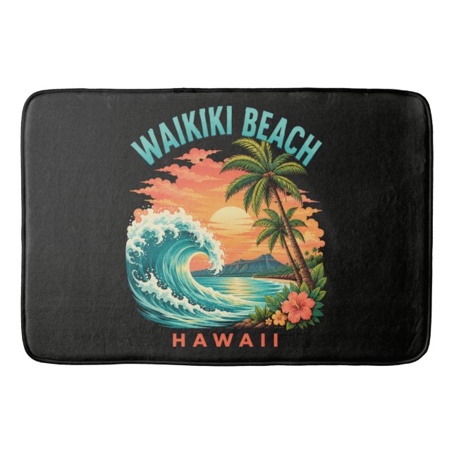 Tropical Sunset at Waikiki Beach Hawaii Bath Mat (Front)