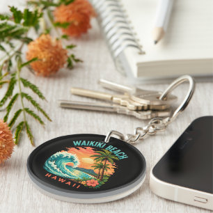 Tropical Sunset at Waikiki Beach Hawaii Key Ring