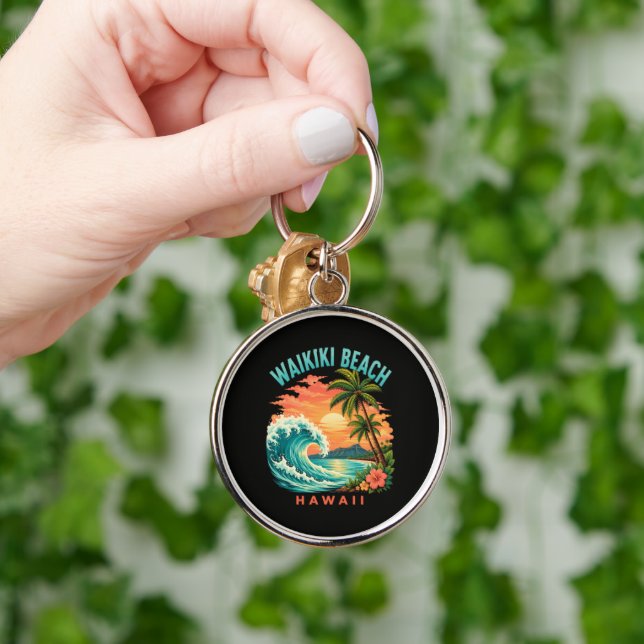 Tropical Sunset at Waikiki Beach Hawaii Key Ring (Hand)