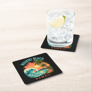 Tropical Sunset at Waikiki Beach Hawaii Square Paper Coaster