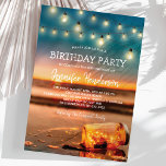 Tropical Sunset Beach Birthday Party Invitation<br><div class="desc">Summer beach birthday party invitations featuring a sunset tropical beach island background, a mason jar with sparkling lights, string twinkle lights and a ceebration text template. Click on the “Customise it” button for further personalisation of this template. You will be able to modify all text, including the style, colours, and...</div>