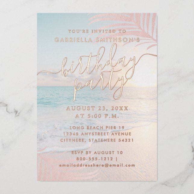 Tropical Sunset Beach Birthday Party Rose Gold (Front)